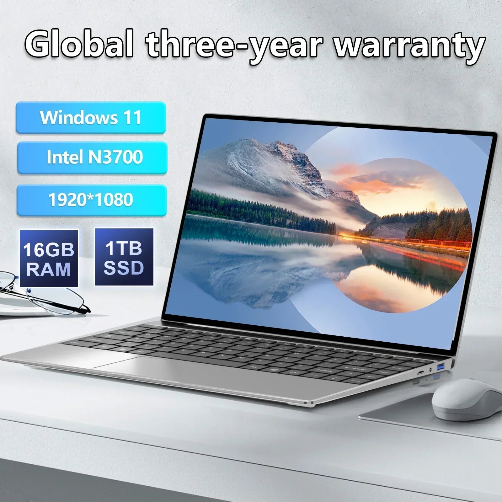 14.1" Ultra Slim Laptop 16GB 1024GB Intel N3700 Notebook Gamer Windows 11 Pro 1920*1080 Display Office Study Computer PC
