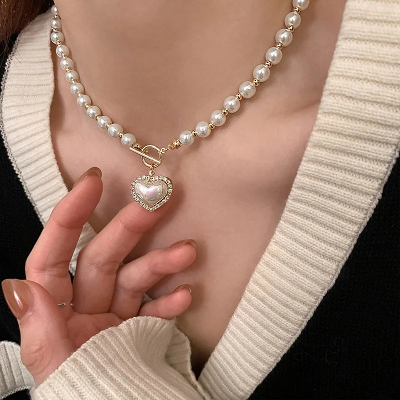 Elegant Pearl Necklace For Women Heart Pendant Necklaces Luxury Imitation Pearls Chain Necklaces Korean Jewelry Girls Gifts-7226