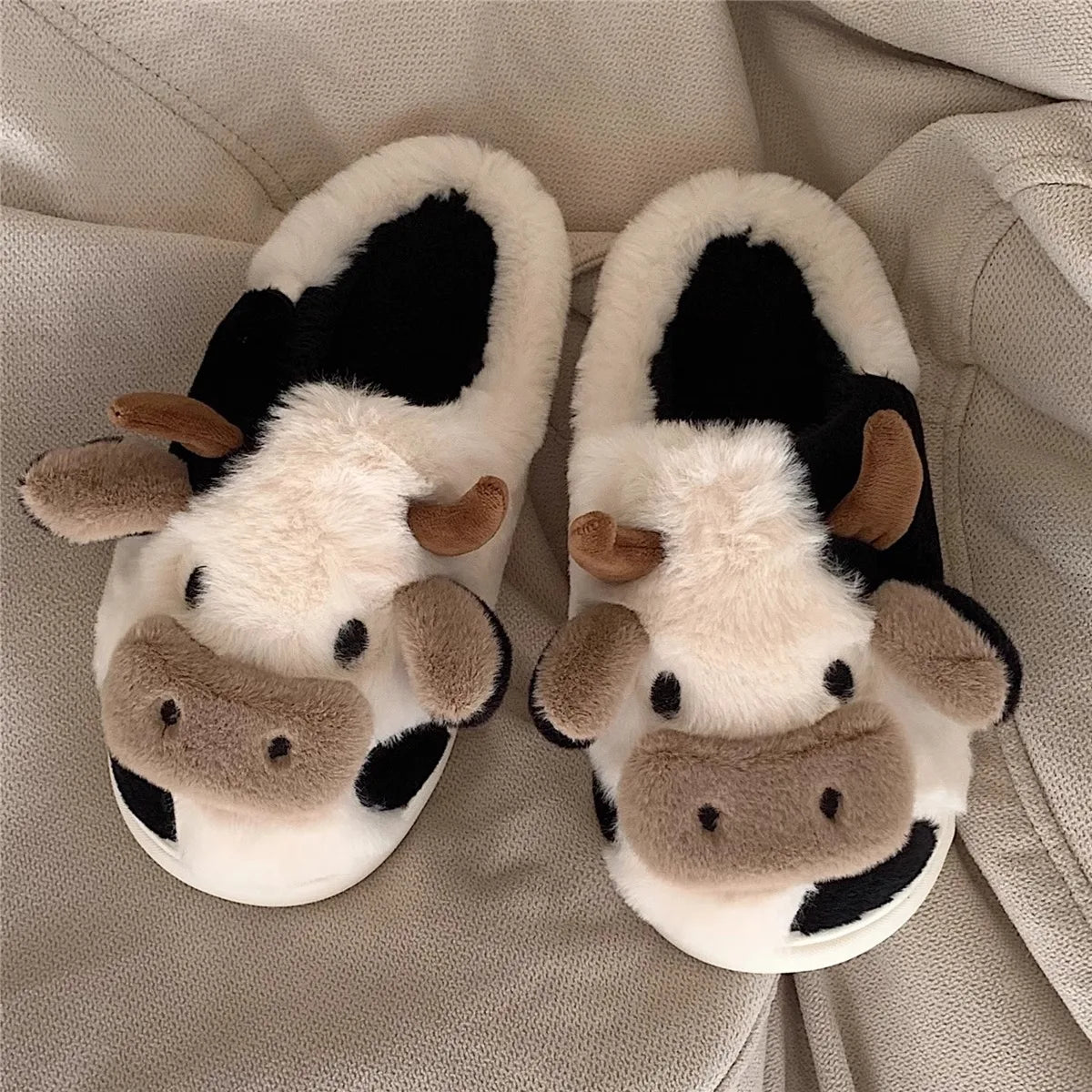 Ladies' Winter Slippers Cute Cartoon Heart Animal Cow Fur Warm Cotton Anti-Slip Home Comfortable Girls' Footwear