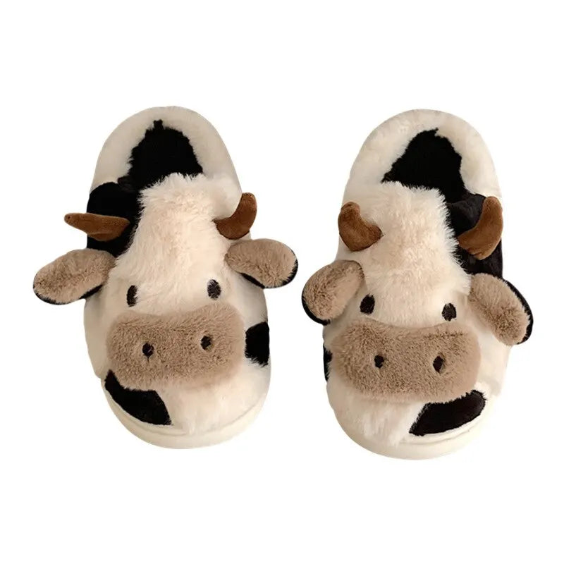 Ladies' Winter Slippers Cute Cartoon Heart Animal Cow Fur Warm Cotton Anti-Slip Home Comfortable Girls' Footwear