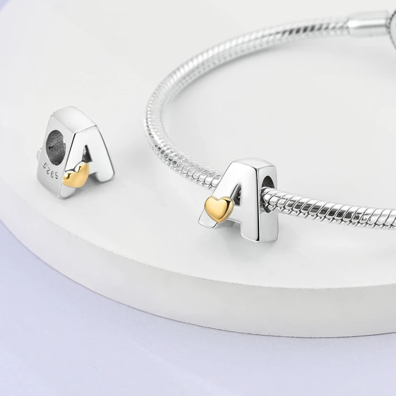 Fit Original 925 Sterling Silver Letter Charms Beads A-Z Golden Love Alphabet Charms For Women Fine DIY Birthday Jewelry Gifts