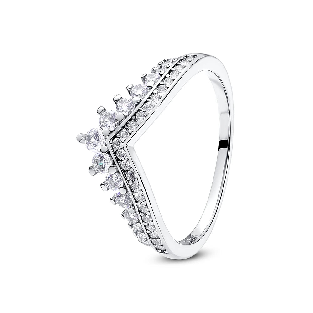 Original 925 Sterling Silver Rings For Women Love Heart Crown Wishbone Engagement Wedding Ring Rose Gold Luxury Jewelry Gift