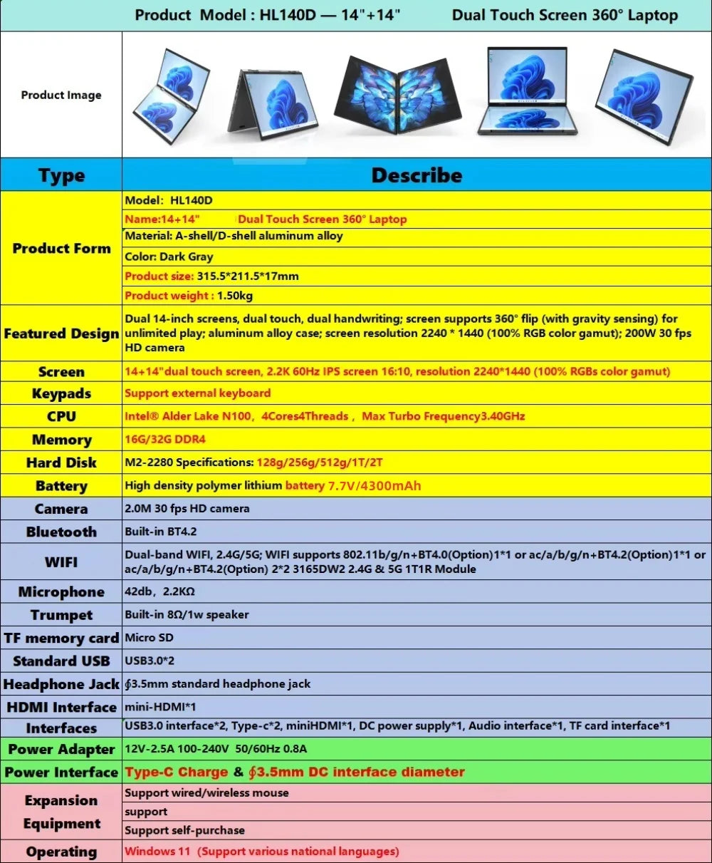 Intel N100 CPU Dual Screen Laptop 14"+14 " 2K Touch Screen Notebook 32GB 360 Degree Flip Metal Case 2 in 1 Laptop Computer