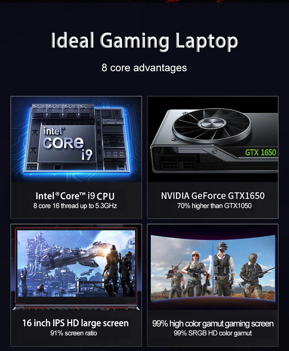 YSJMNPC Gaming Laptop Computer Intel Core i7-8750H GTX1650 4G 16.1 Inch IPS Screen RAM Max 64GB 2*DDR4 2*M.2 NVMe Windows11
