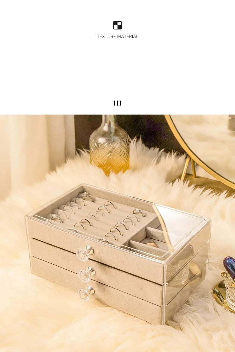 Velvet Stud Earrings Storage Box Three Layer Jewelry Organizer Dust Proof Drawer Design for Accessories Dressing Jewelry Box