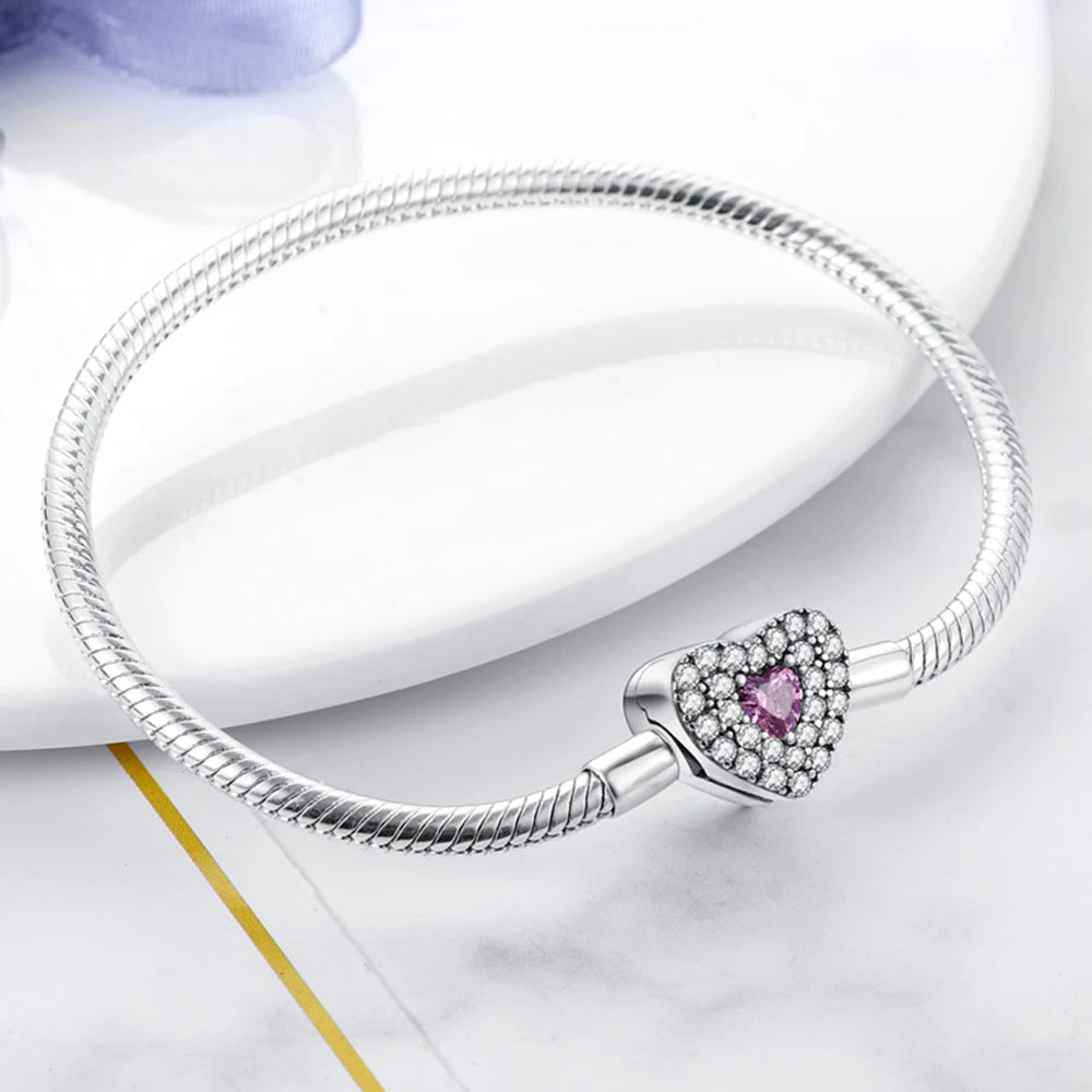 Fashion S925 Silver Plated Peach Heart Love Sparkling Zircon Bracelet For Women Fit DIY Charms Beads Fine DIY Birthday Jewelry