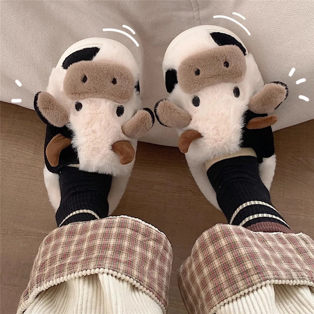 Ladies' Winter Slippers Cute Cartoon Heart Animal Cow Fur Warm Cotton Anti-Slip Home Comfortable Girls' Footwear