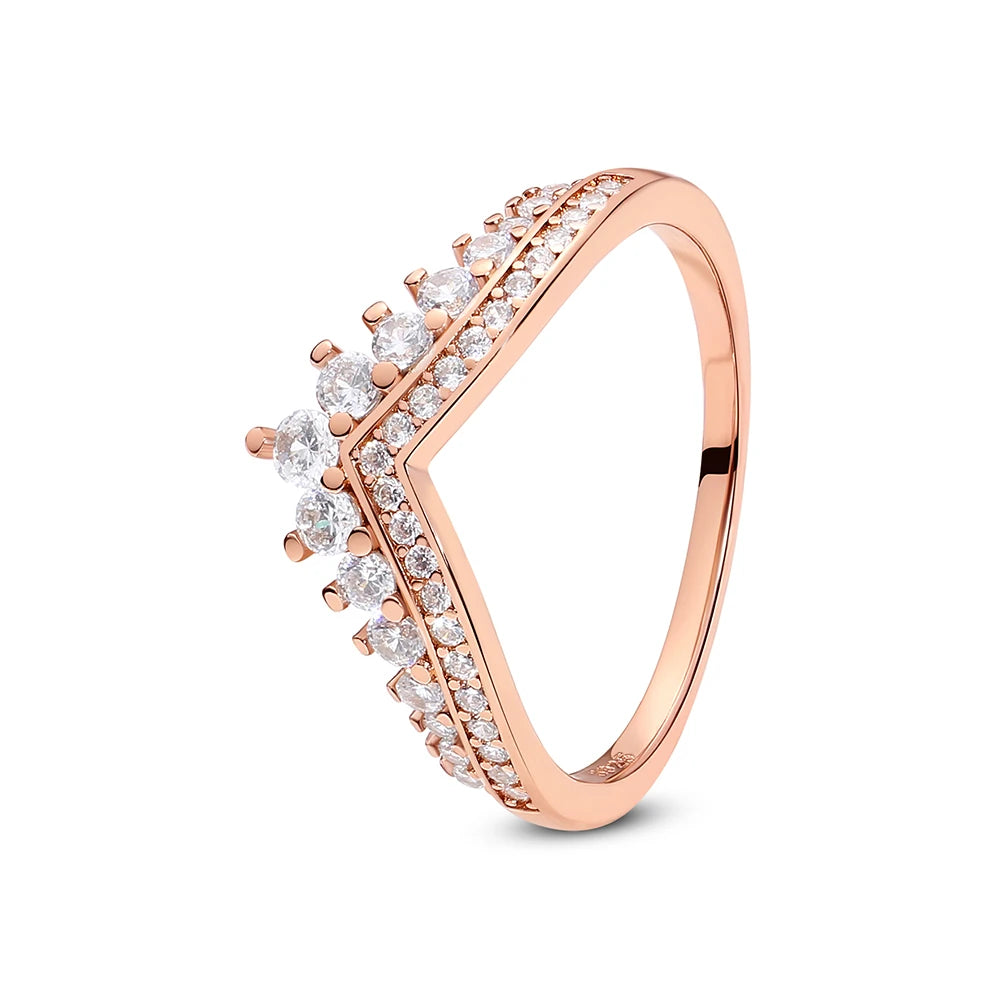 Original 925 Sterling Silver Rings For Women Love Heart Crown Wishbone Engagement Wedding Ring Rose Gold Luxury Jewelry Gift
