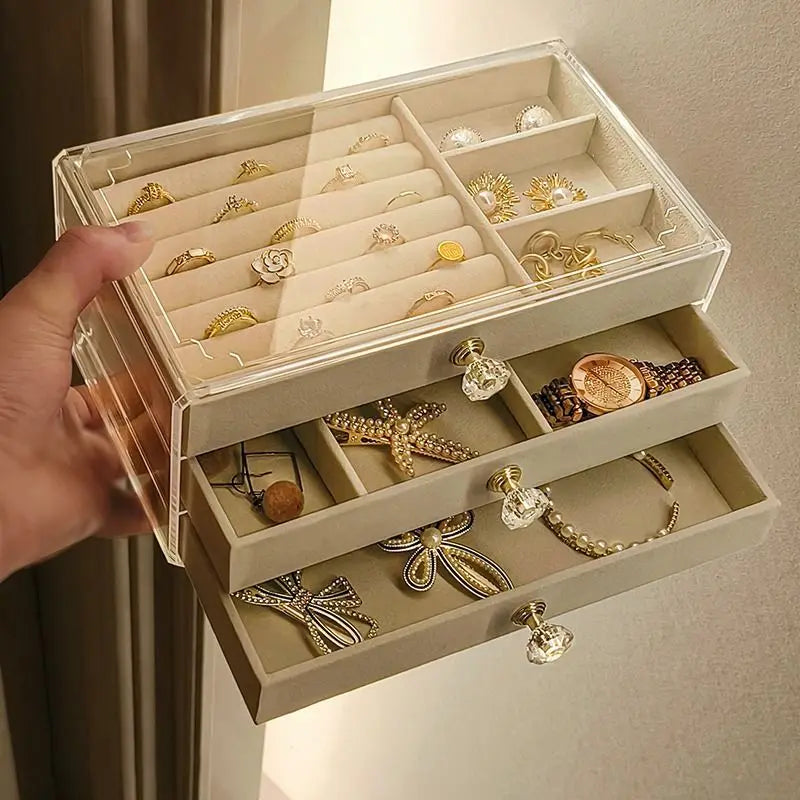 Velvet Stud Earrings Storage Box Three Layer Jewelry Organizer Dust Proof Drawer Design for Accessories Dressing Jewelry Box