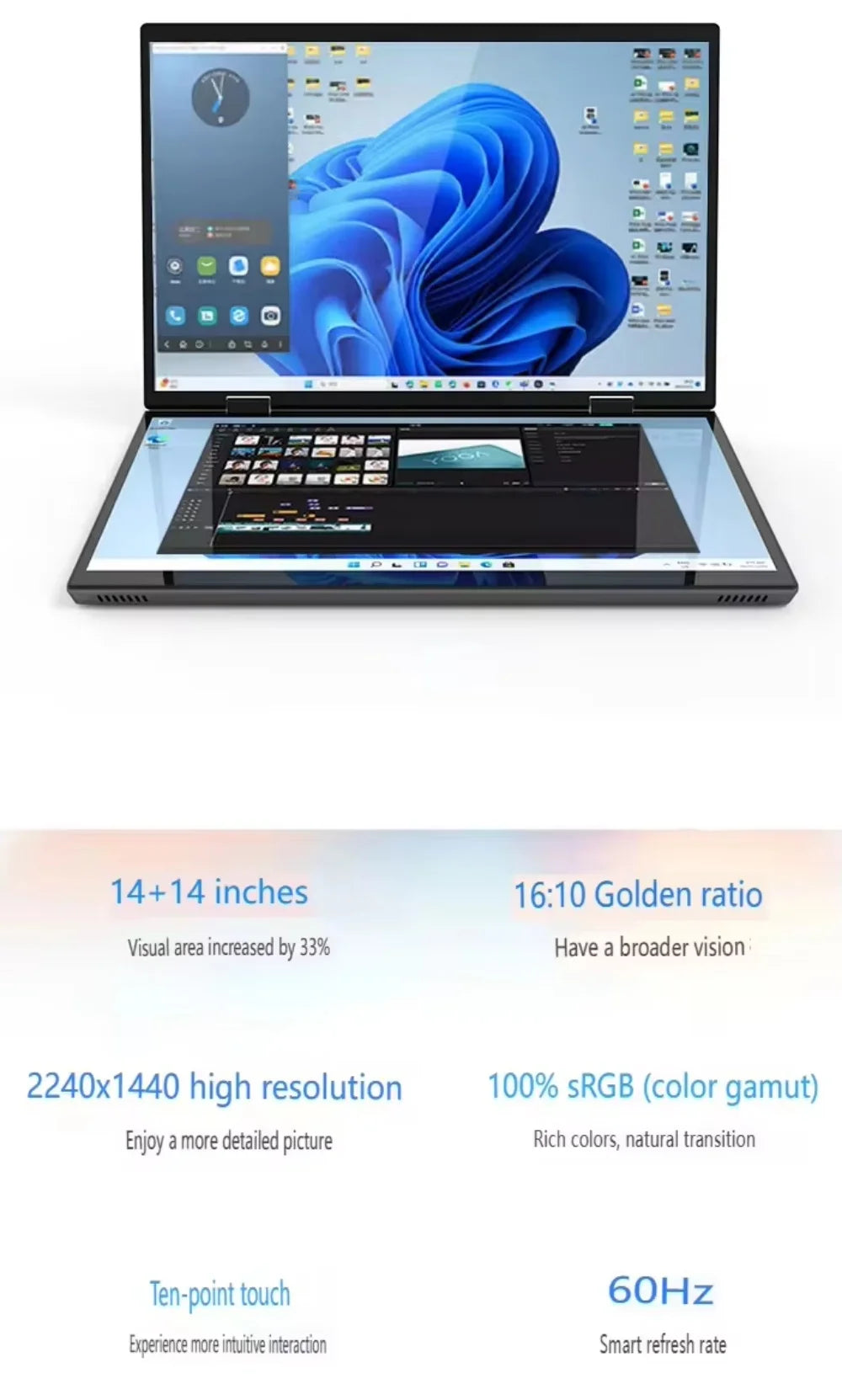 Intel N100 CPU Dual Screen Laptop 14"+14 " 2K Touch Screen Notebook 32GB 360 Degree Flip Metal Case 2 in 1 Laptop Computer