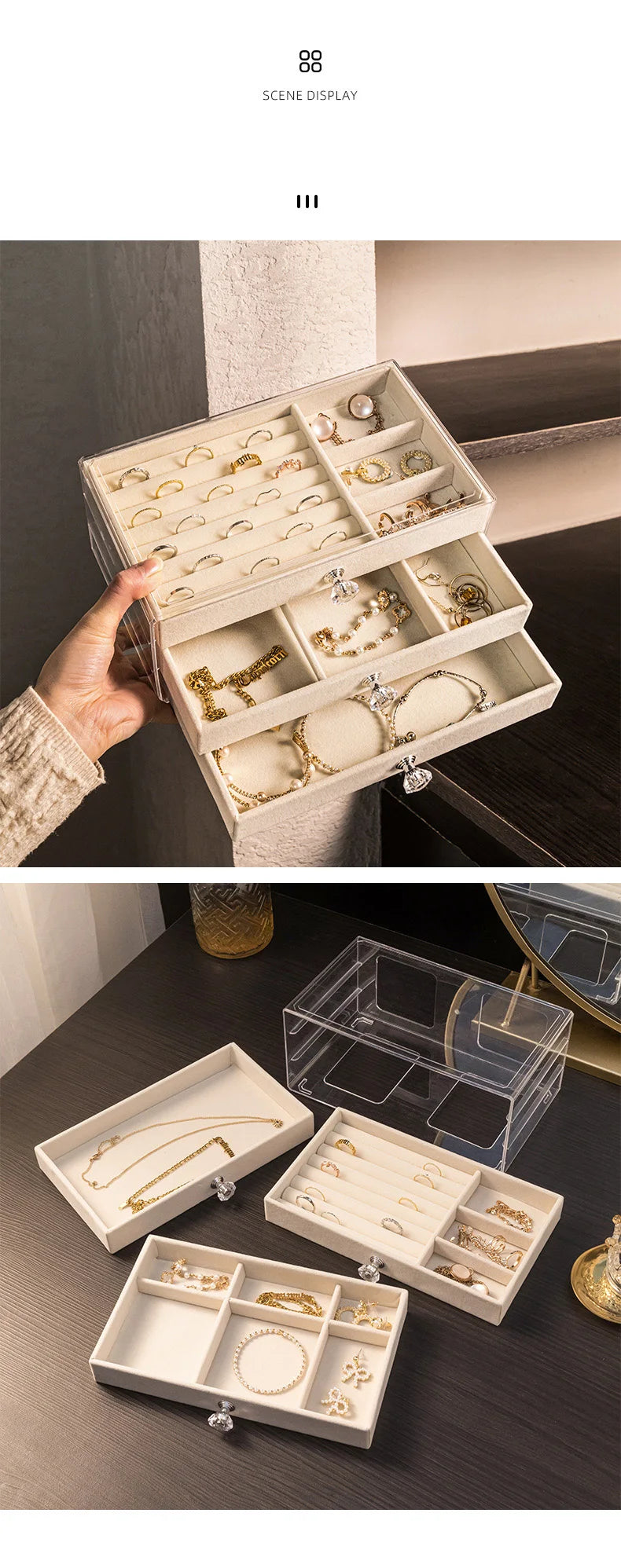 Velvet Stud Earrings Storage Box Three Layer Jewelry Organizer Dust Proof Drawer Design for Accessories Dressing Jewelry Box