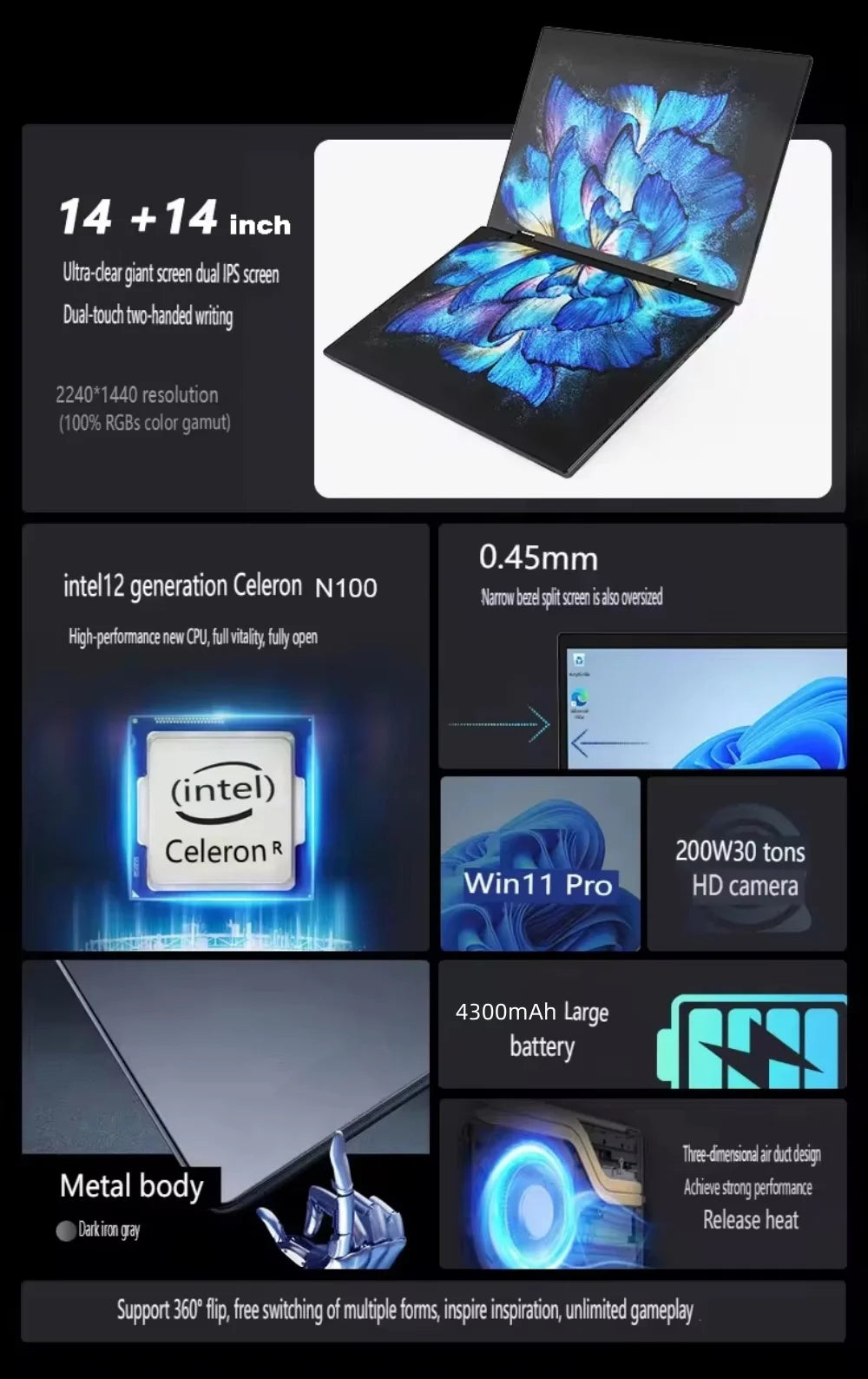 Intel N100 CPU Dual Screen Laptop 14"+14 " 2K Touch Screen Notebook 32GB 360 Degree Flip Metal Case 2 in 1 Laptop Computer
