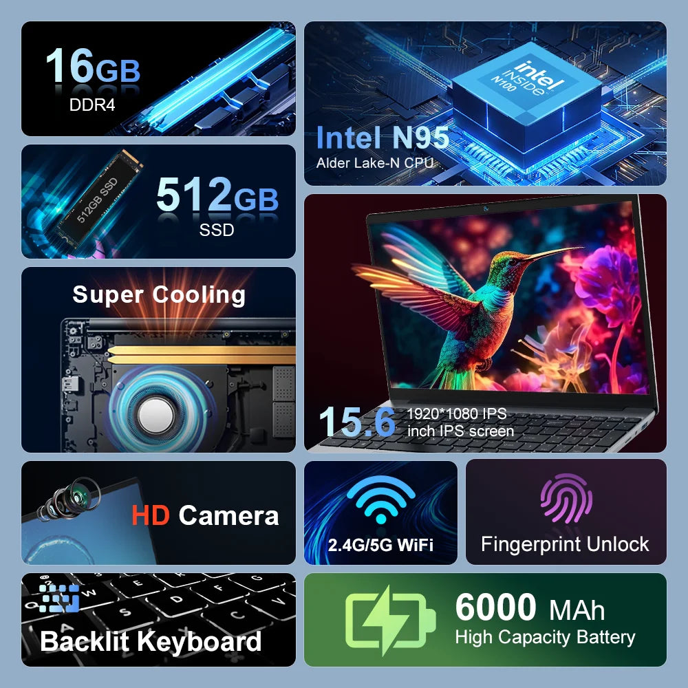 Ninkear N15 Air laptop Intel N95 15.6 Inch FHD IPS 16GB DDR4 512GB SSD Backlit Keyboard Fingerprint unlock Windows 11 Notebook