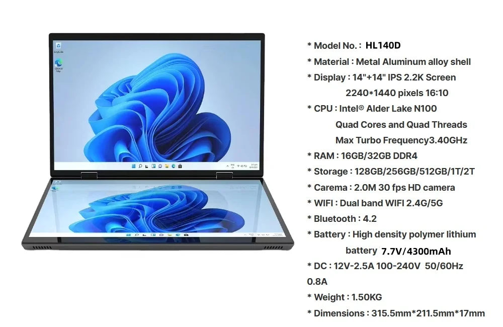 Intel N100 CPU Dual Screen Laptop 14"+14 " 2K Touch Screen Notebook 32GB 360 Degree Flip Metal Case 2 in 1 Laptop Computer