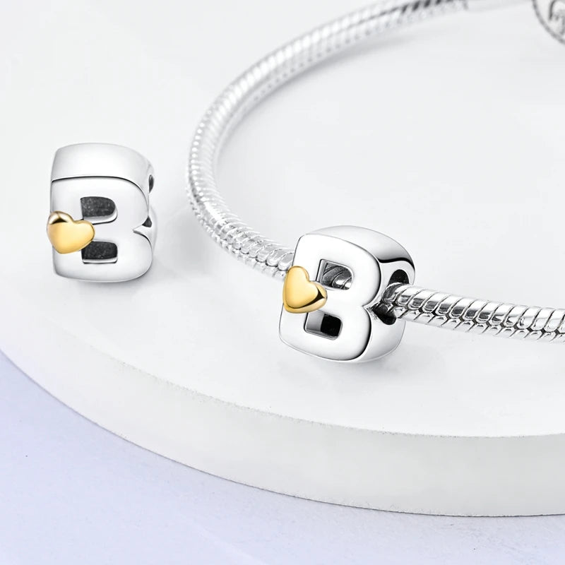 Fit Original 925 Sterling Silver Letter Charms Beads A-Z Golden Love Alphabet Charms For Women Fine DIY Birthday Jewelry Gifts