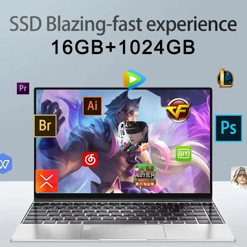 14.1" Ultra Slim Laptop 16GB 1024GB Intel N3700 Notebook Gamer Windows 11 Pro 1920*1080 Display Office Study Computer PC