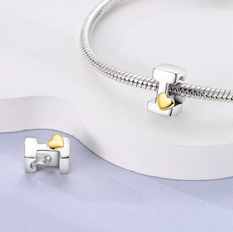 Fit Original 925 Sterling Silver Letter Charms Beads A-Z Golden Love Alphabet Charms For Women Fine DIY Birthday Jewelry Gifts